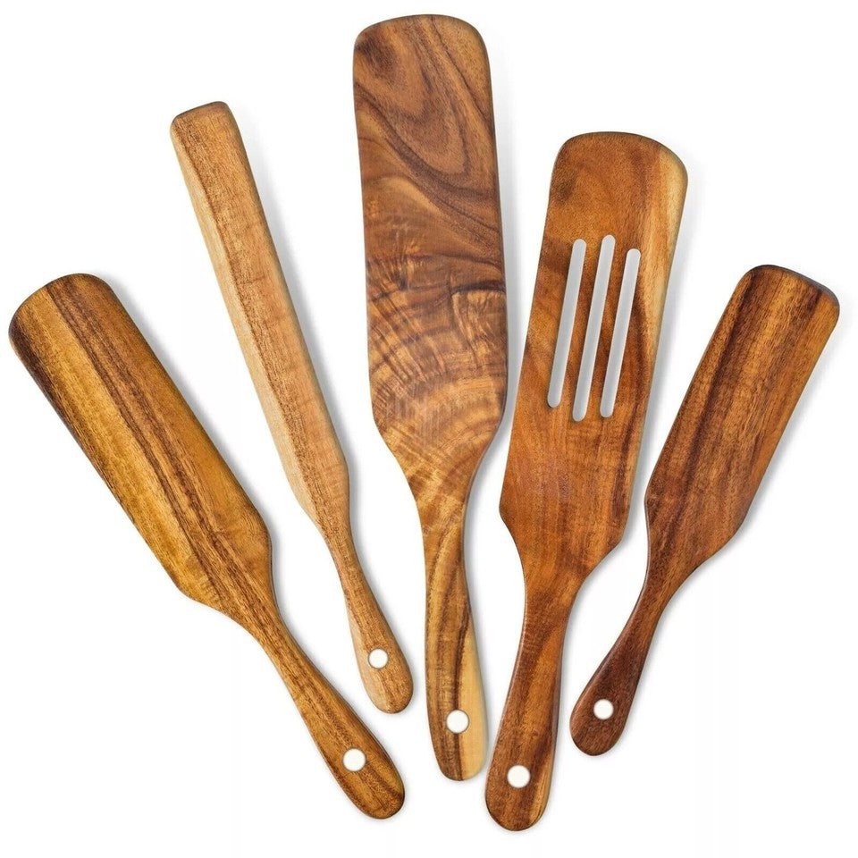 New 5pc Spurtle Kitchen Cooking Utensil Teak Wood Non Stick Wooden Spatula Spoon