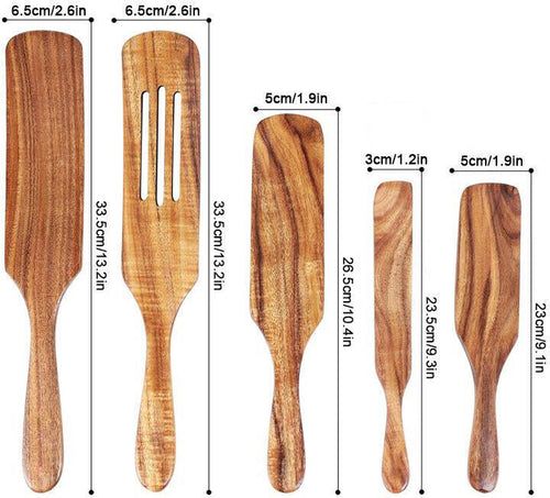 New 5pc Spurtle Kitchen Cooking Utensil Teak Wood Non Stick Wooden Spatula Spoon