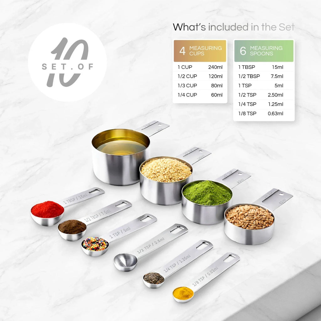 10-Set Stainless Steel Measuring Cups & Spoons – Kitchen Measuring Gadgets